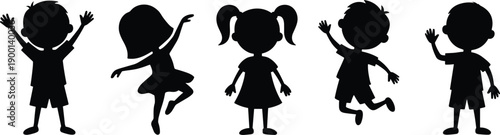Collection of happy children silhouettes jumping and dancing in a row representing childhood joy, elementary education, diverse youth groups, and active playtime fun.