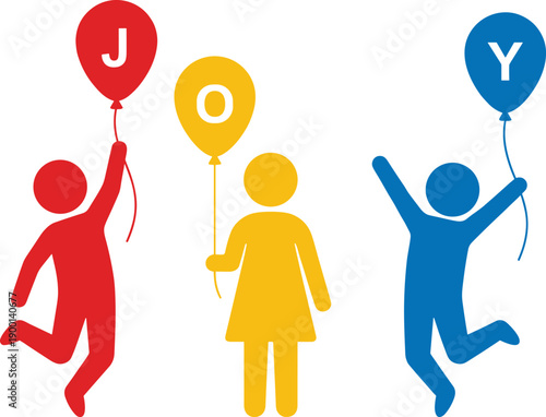 Creative flat vector illustration of happy children jumping and holding colorful balloons that spell joy symbolizing childhood happiness celebration and positive emotions for diverse projects