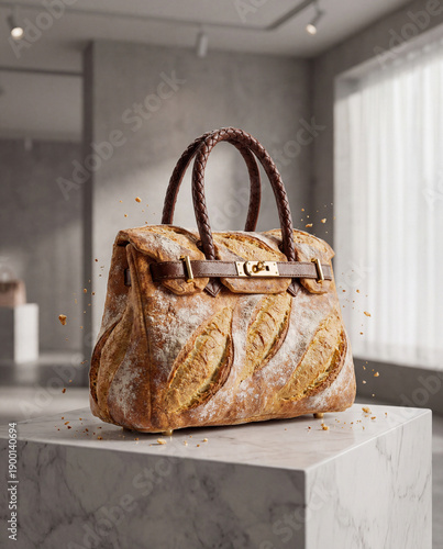 Surreal Conceptual Fashion Accessory Luxury Handbag Crafted from Freshly Baked Crusty Sourdough Bread with Leather Handles on Marble Pedestal - AI Generated Food Art