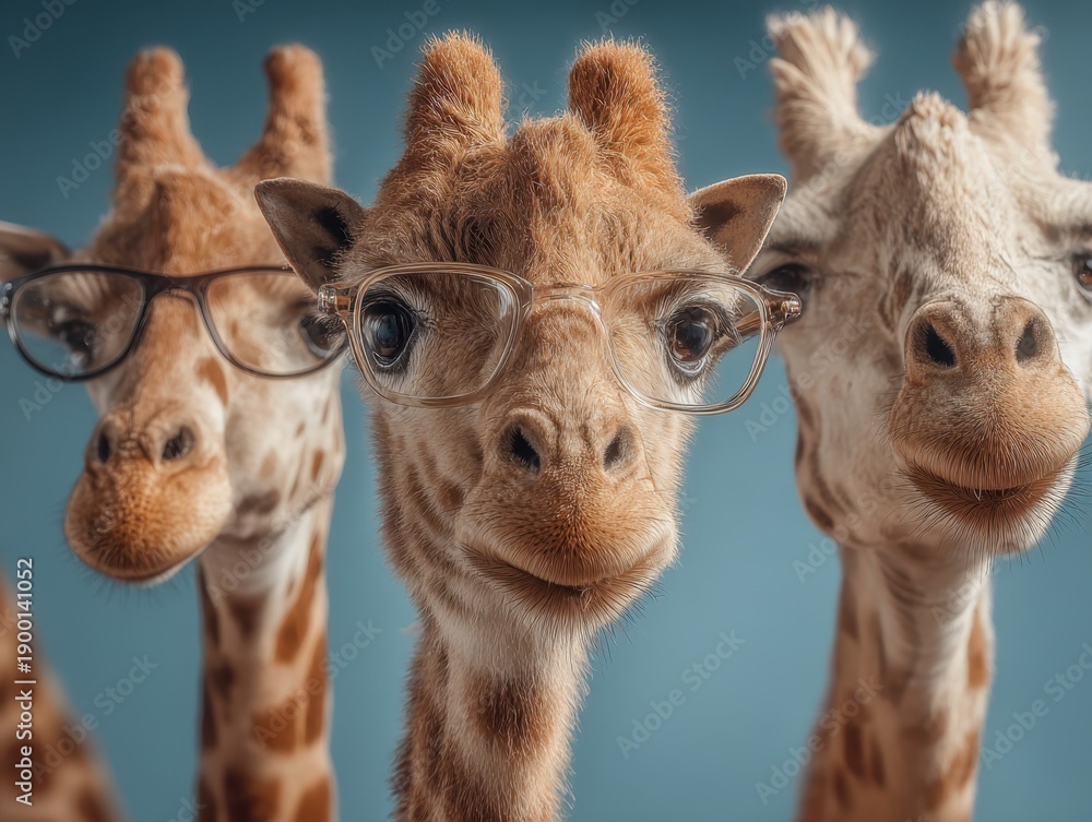 Naklejka premium Three giraffes are positioned in a row against a solid blue background.