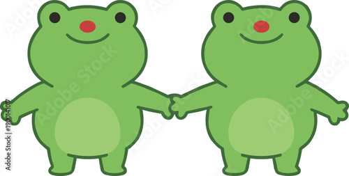 Cute vector illustration of two green cartoon frogs holding hands and smiling with red noses isolated on white background for friendship or love concepts (25 words)