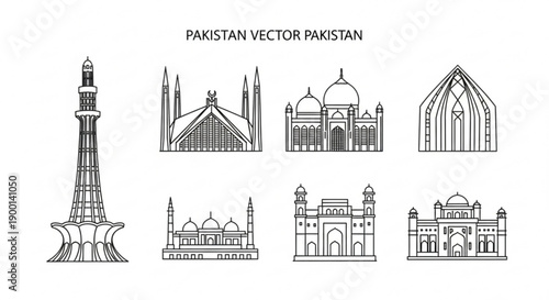 Pakistan landmarks vector icons set black and white illustration