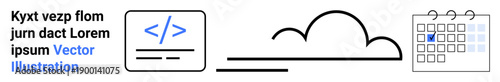 Technology, data storage, coding, cloud computing, scheduling, workflow organization. coding interface, cloud symbol and calendar graphic. Coding and cloud computing concepts