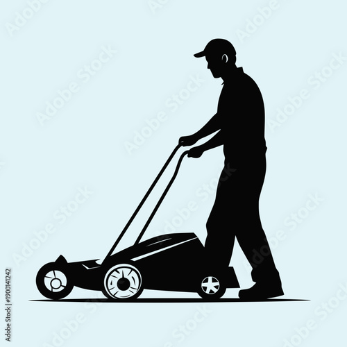 Silhouette of man mowing lawn with push mower gardening grass cutting outdoor maintenance equipment vector illustration