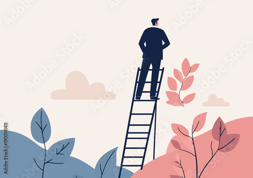 Businessman standing on top of ladder looking forward over abstract hills with plants minimal flat vector illustration of ambition and future goals concept