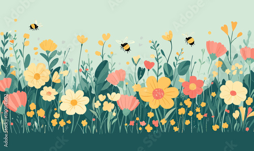 Colorful wildflower meadow with blooming orange yellow coral flowers and flying bees flat minimalist vector illustration for nature or spring themes