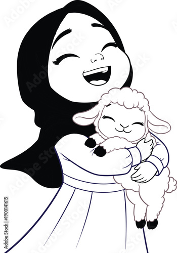 Black and White Line Art Illustration of a Happy Muslim Girl in Hijab Smiling and Hugging a Fluffy Lamb for Childrens Islamic Coloring Page and Eid al-Adha Celebration