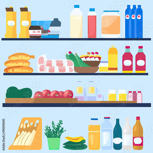 Flat minimalist vector illustration of supermarket shelves stocked with bread, dairy products, beverages, fruits, vegetables, and packaged goods in vibrant colors
