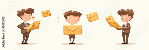 Cartoon businessman holding and reading large envelope with flying mail letters creative mail communication concept flat vector illustration