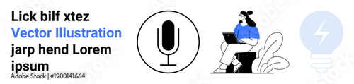 Creativity, communication, brainstorming, technology, audio content, innovative solutions. A female figure working on a laptop beside microphone icon and lightbulb symbol. Creativity