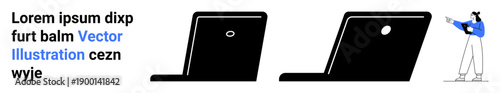 Person pointing at two laptops in varying perspectives, conveying technology evaluation. Ideal for technology, comparison, innovation, research, presentations, concepts, simple landing page