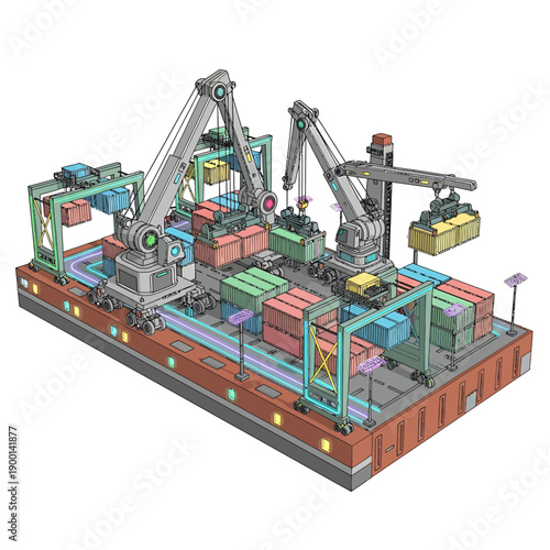 Industrial facility with cranes and containers viewed from above in a 3D rendering