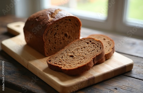 Whole loaf of dark rye bread, sliced and ready to eat. Freshly baked sourdough is on a wooden cutting board. Perfect for breakfast or any meal.