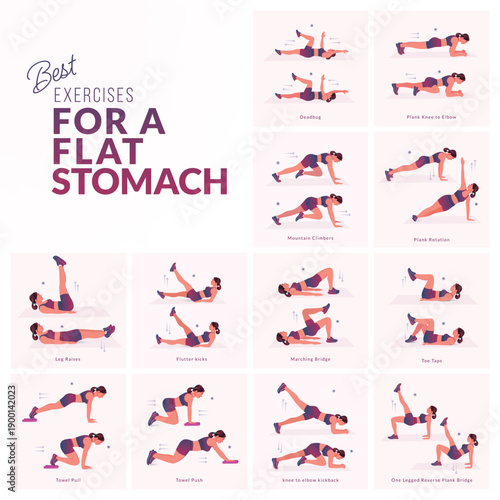 Women Workout Set. Women doing fitness and yoga exercises. Mountain Climbers, Flutter kicks, Plank To Toe Lift, Plank Rotation, Leg Raises, knee to elbow kickback, In and Out, Lean back hold etc