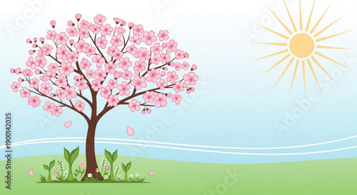 Blooming pink cherry tree on green hill under sunny blue sky with falling petals