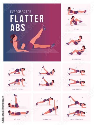 Women Workout Set. Women doing fitness and yoga exercises. Mountain Climbers, Flutter kicks, Plank To Toe Lift, Plank Rotation, Leg Raises, knee to elbow kickback, In and Out, Lean back hold etc