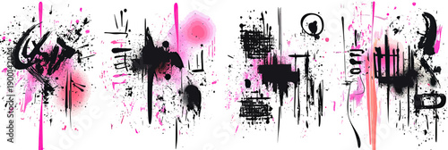 Abstract black ink splatters and lines with neon pink spray paint accents on white background digital vector art in minimalist street art style