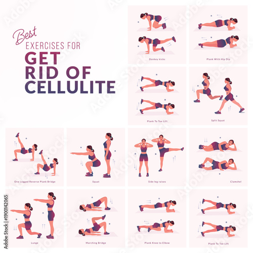 Women workout set. Women doing fitness and yoga exercises. Mountain Climbers, Flutter kicks, Plank To Toe Lift, Plank Rotation, Leg Raises, knee to elbow kickback, In and Out, Lean back hold etc