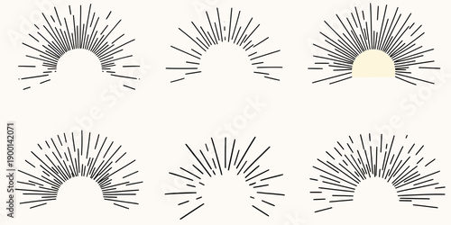 Set of six minimalist hand drawn half sunburst illustrations with varying black rays and subtle beige semicircle shapes vector collection for design