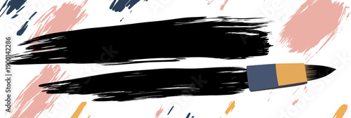 Flat minimalist vector illustration of paintbrush with black brush strokes and colorful abstract paint splashes on white background for art and design concept
