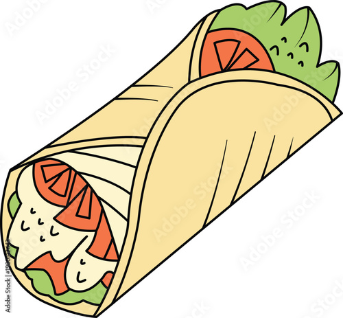 Illustration of a burrito or wrap with chicken, lettuce, and tomato Vector, illustration