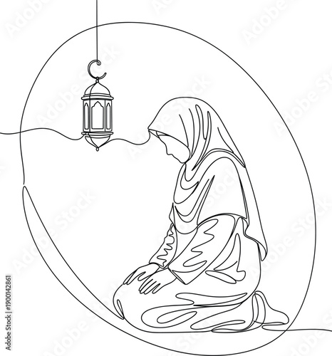 Continuous Line Art Illustration of a Muslim Woman Kneeling in Prayer with a Hanging Lantern for Ramadan Kareem and Islamic Spiritual Greeting Design