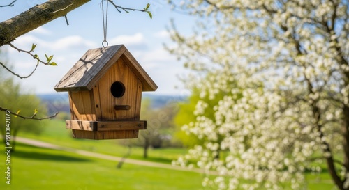 Charming Wooden Birdhouse in Spring. Concept featuring birdhouse, wooden, spring, nature, outdoors.