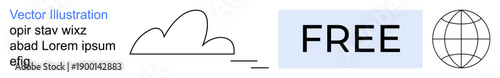 Digital accessibility, cloud technology, global communication, online services, networking, free resources. Black cloud shape with free text and globe icon. Digital accessibility and cloud technology
