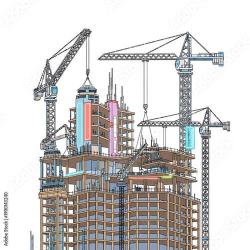 Construction Site with Cranes and Building Under Development