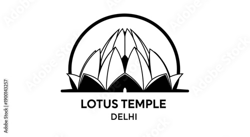 Lotus Temple Delhi Architecture in Minimalist Half Circle Emblem, Isolated White Background