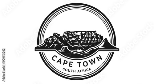 Cape Town Skyline with Table Mountain Silhouette in Circle Emblem, Isolated White Background