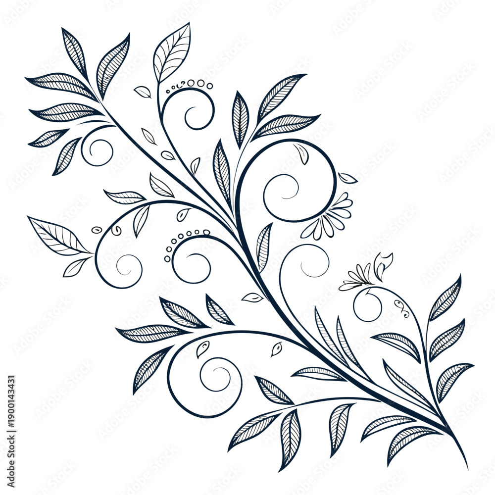 Obraz premium Intricate black and white illustration of a leafy branch with circular motifs.