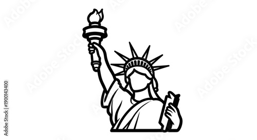 Iconic Statue of Liberty Line Art Outline holding a torch and tablet, symbolizing freedom and democracy, isolated on a white background.