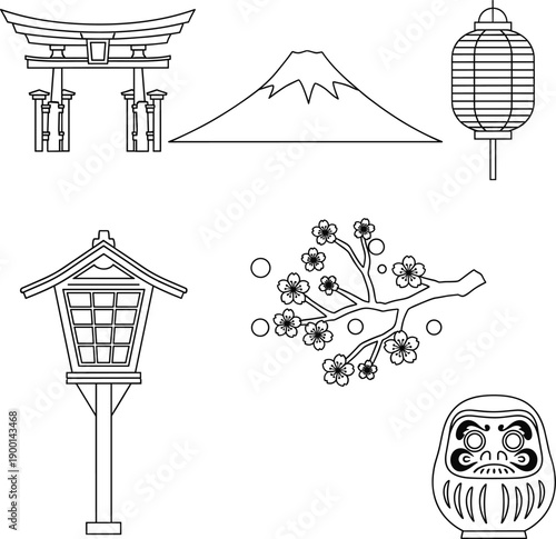 Black and White Japanese Culture Line Art Set Featuring Hand Drawn Outlines of Mount Fuji Torii Gate Daruma Doll Cherry Blossom and Traditional Lanterns for Coloring