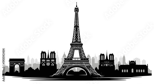 Detailed Paris City Skyline Silhouette featuring Eiffel Tower, Arc de Triomphe, and Notre Dame on a white background.