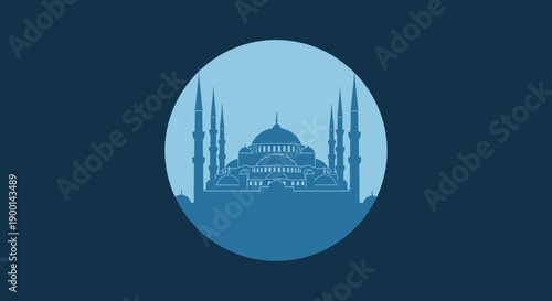 Blue Mosque Sultan Ahmed Mosque Islamic Architecture Silhouette Vector Icon on Dark Blue Background