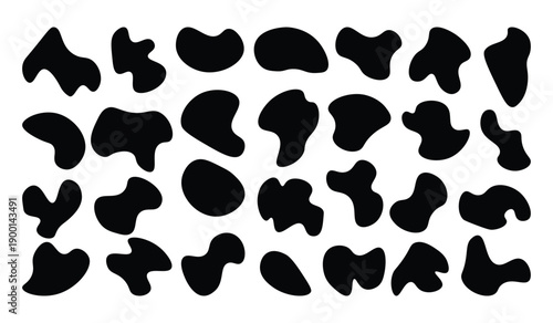 abstract organic shapes collection. Black wavy liquid blobs, liquid paint blob, spreading fluid ink blotch,  Amorphous random irregular blobs isolated illustration set.
