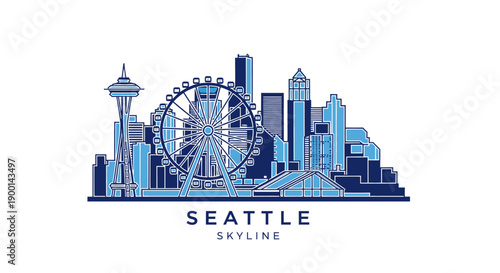 Seattle Skyline Cityscape with Space Needle and Ferris Wheel Vector Illustration on Isolated White Background