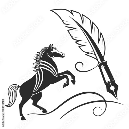 A black and white illustration of a horse with a feathered tail and a flowing mane.