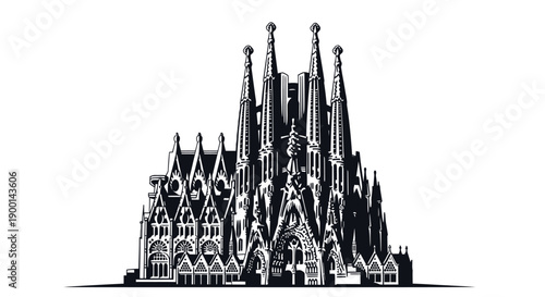 Sagrada Familia Basilica Gothic Cathedral Vector Illustration in Monochrome on Isolated White Background