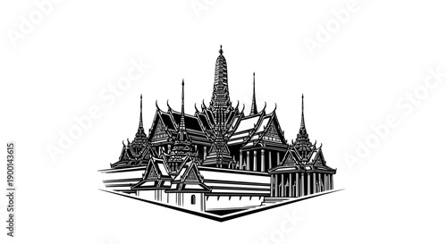 Grand Palace Bangkok Temple Complex Vector Illustration in Monochrome on Isolated White Background