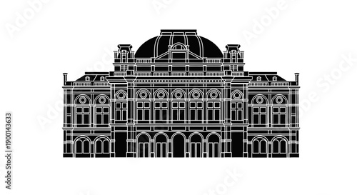 Ornate Historic European Opera House Building Vector Illustration in Monochrome on Isolated White Background