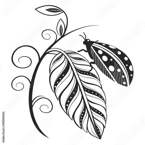 A delicate butterfly resting on a leaf with intricate swirling vines.