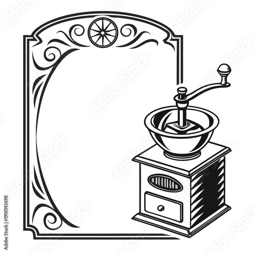 Vintage coffee grinder with ornate frame and decorative elements