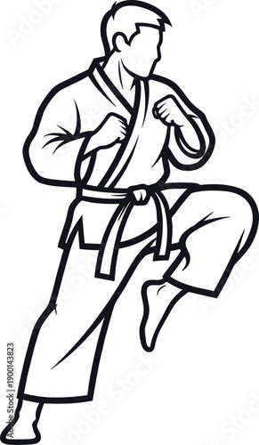 Black and White Line Art Illustration of a Martial Arts Athlete in a Gi Performing a Defensive Stance or High Knee Strike for Karate Taekwondo and Sports Design