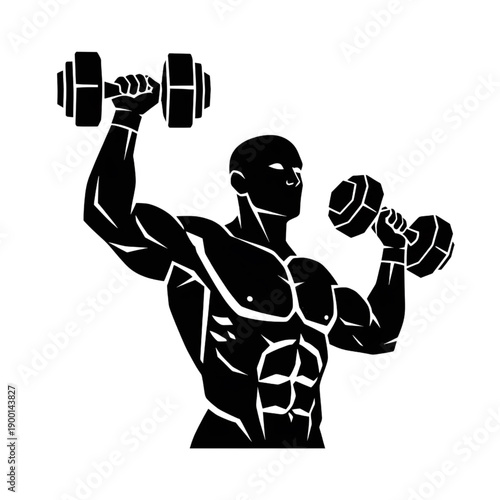 Muscular Bodybuilder Silhouette Lifting Dumbbells - Fitness and Gym Workout Vector Illustration