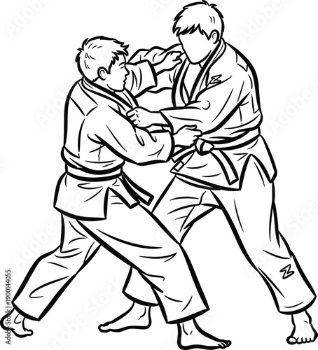 Black and White Line Art Illustration of Two Martial Arts Athletes Practicing Judo Grappling and Self Defense Techniques for Sports Education and Coloring