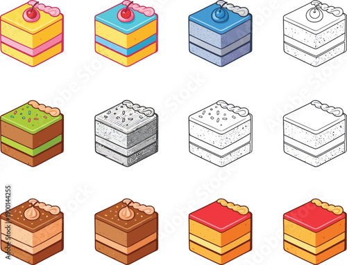 Sweet Treats Variety: A collection of various delicious cake slices, artfully arranged to showcase diverse flavors and styles, perfect for menus and confectionery designs.
