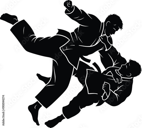 Black Silhouette of Two Martial Arts Athletes Performing a Judo Throw Technique Isolated on White Background for Sports and Self Defense Design