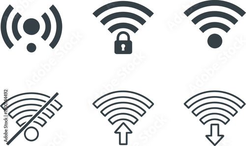 Wi-Fi Icons: A clean set of Wi-Fi icons offers a variety of concepts including a secure connection and a disabled signal, ideal for representing digital connectivity.